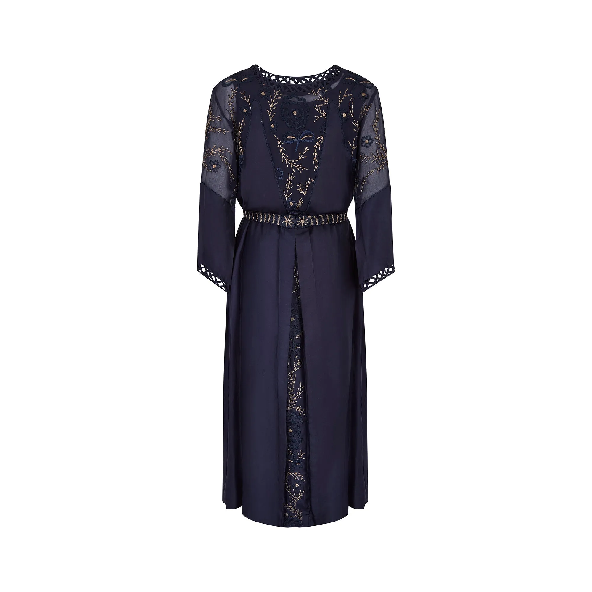 1910s Midnight Blue Silk Dress with Embroidered Chiffon Inserts