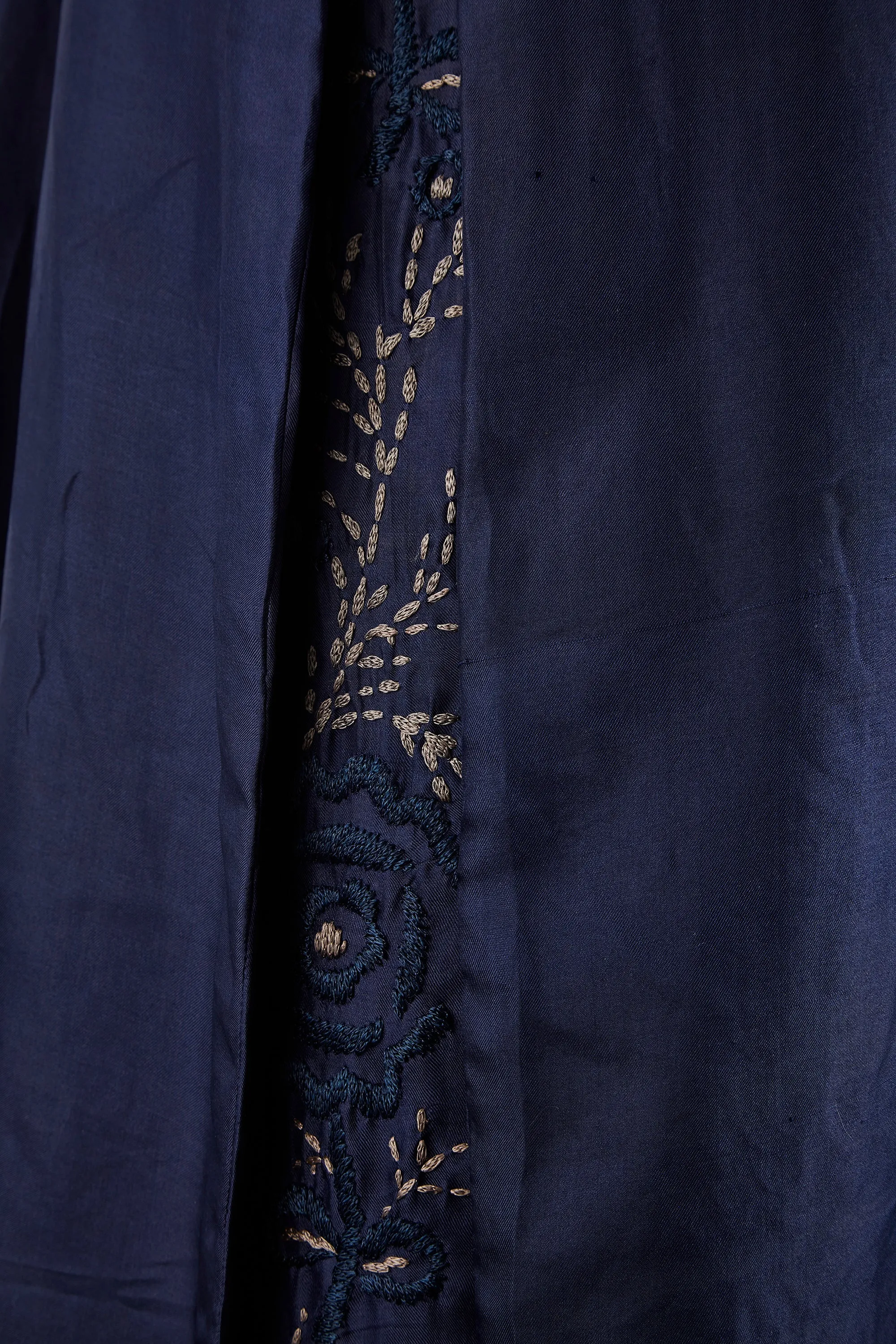 1910s Midnight Blue Silk Dress with Embroidered Chiffon Inserts