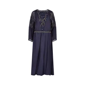 1910s Midnight Blue Silk Dress with Embroidered Chiffon Inserts