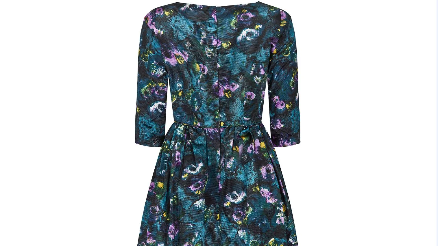 1960s Teal Blue Floral Three Quarter Sleeve Dress