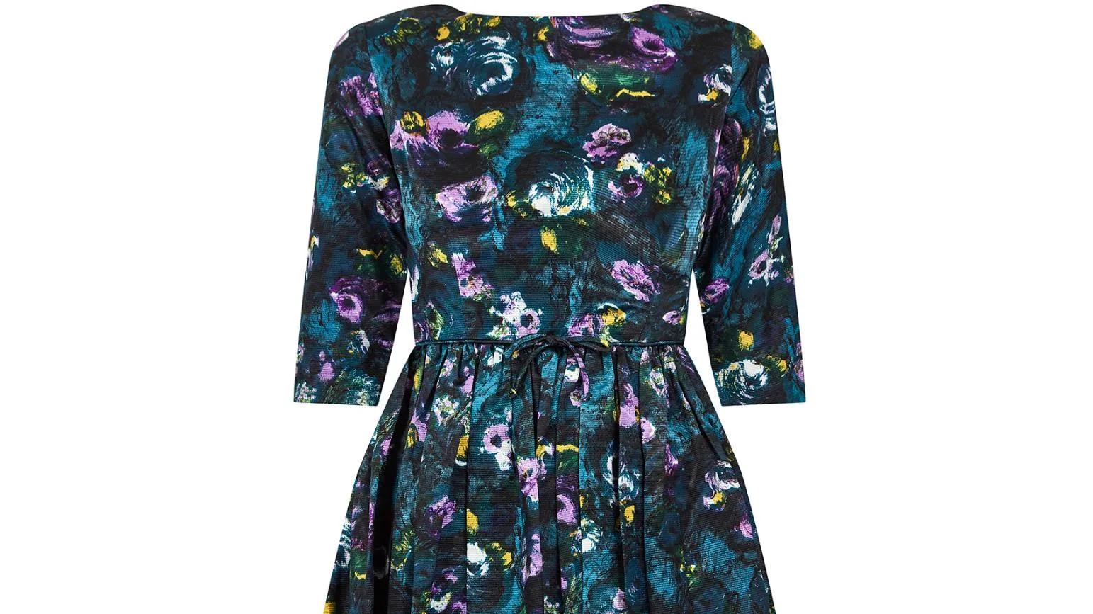 1960s Teal Blue Floral Three Quarter Sleeve Dress