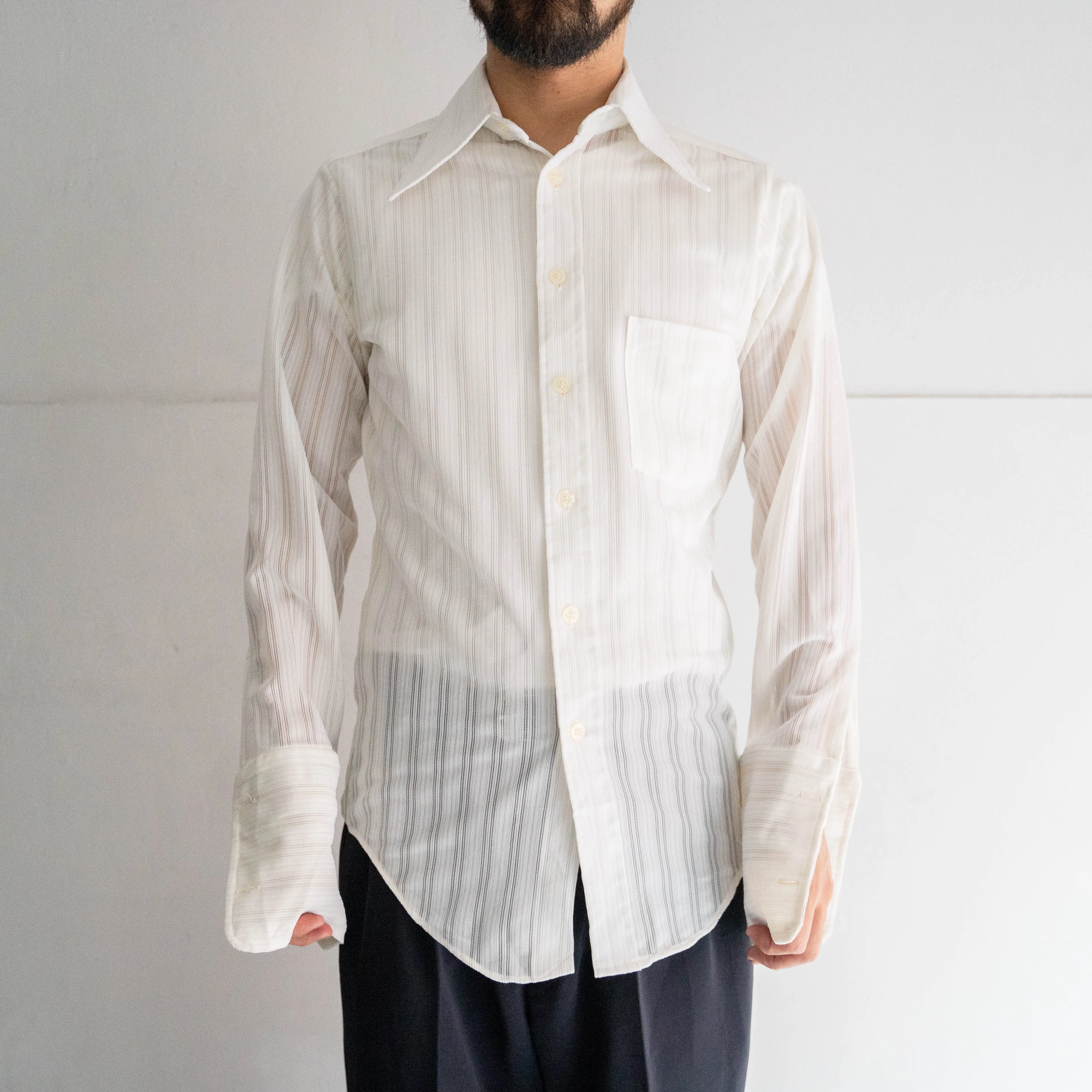 1970-80s white see-through stripe long point dress shirt 'dead stock'