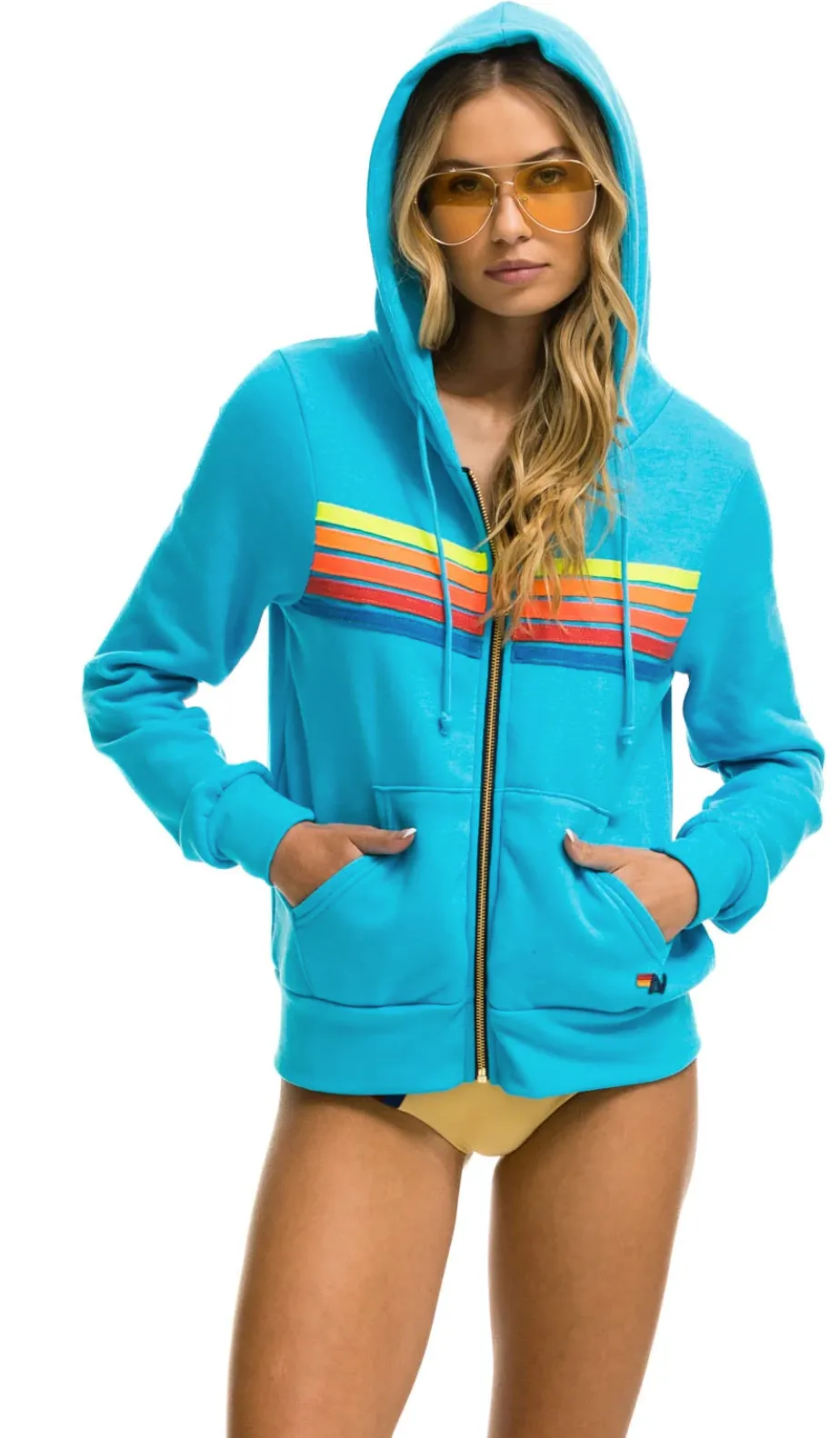 5 Stripe Relaxed Zip Hoodie ~ Neon Blue// Neon Rainbow