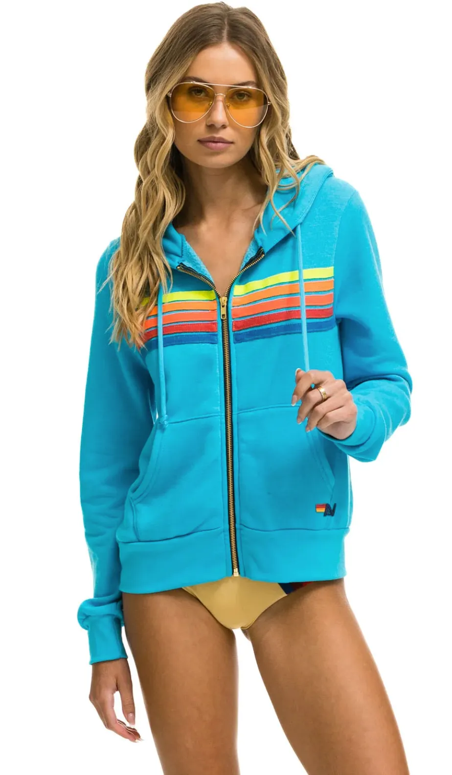 5 Stripe Relaxed Zip Hoodie ~ Neon Blue// Neon Rainbow