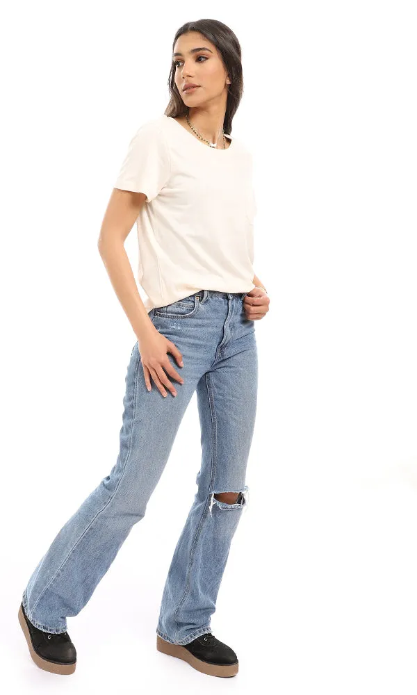 94644 Casual Round Neck T-Shirt With Side Pocket - Cream