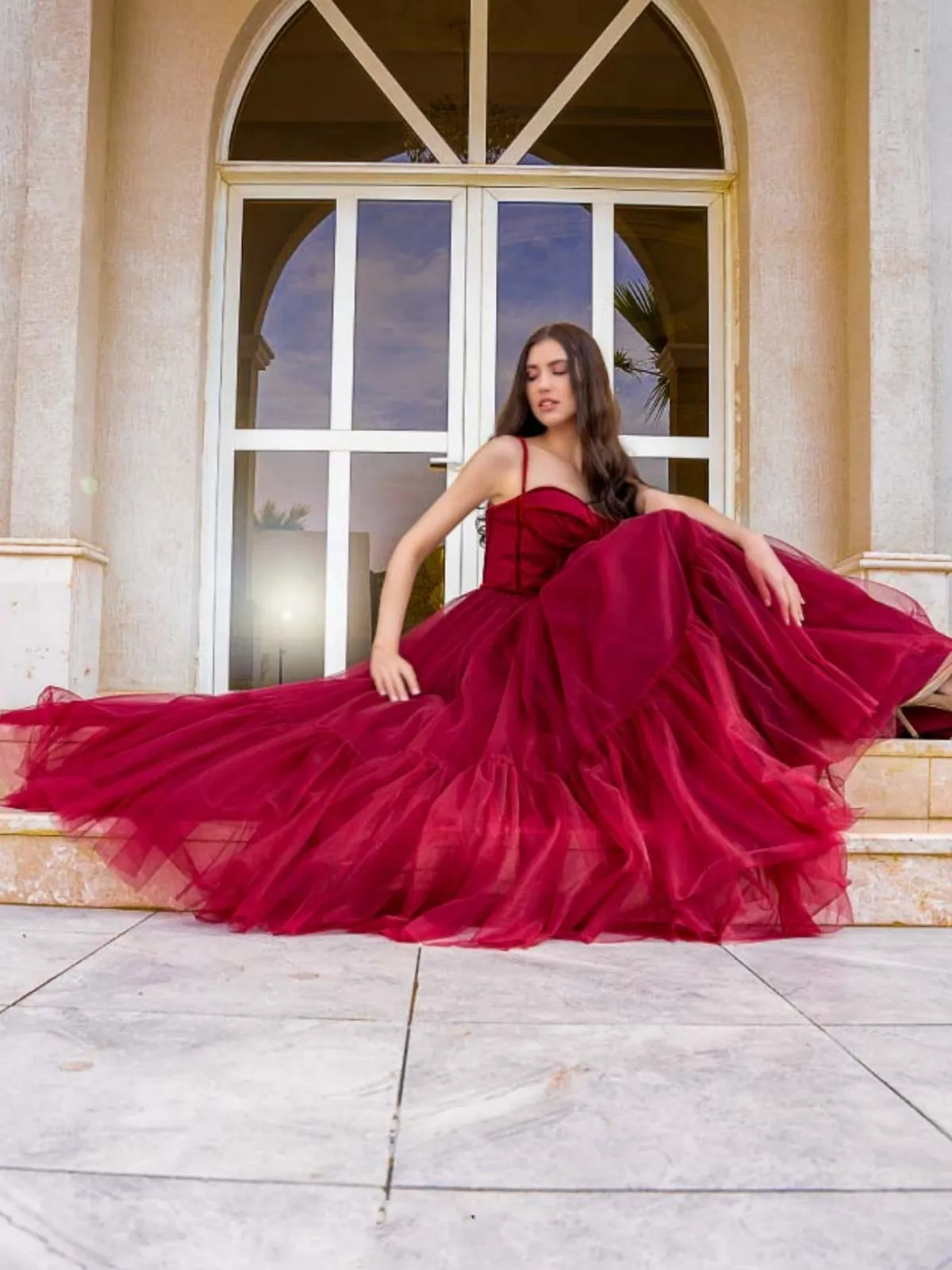 A Line Burgundy Tulle Long Prom Dresses, Princess Burgundy Formal Graduation Evening Dresses SP2636