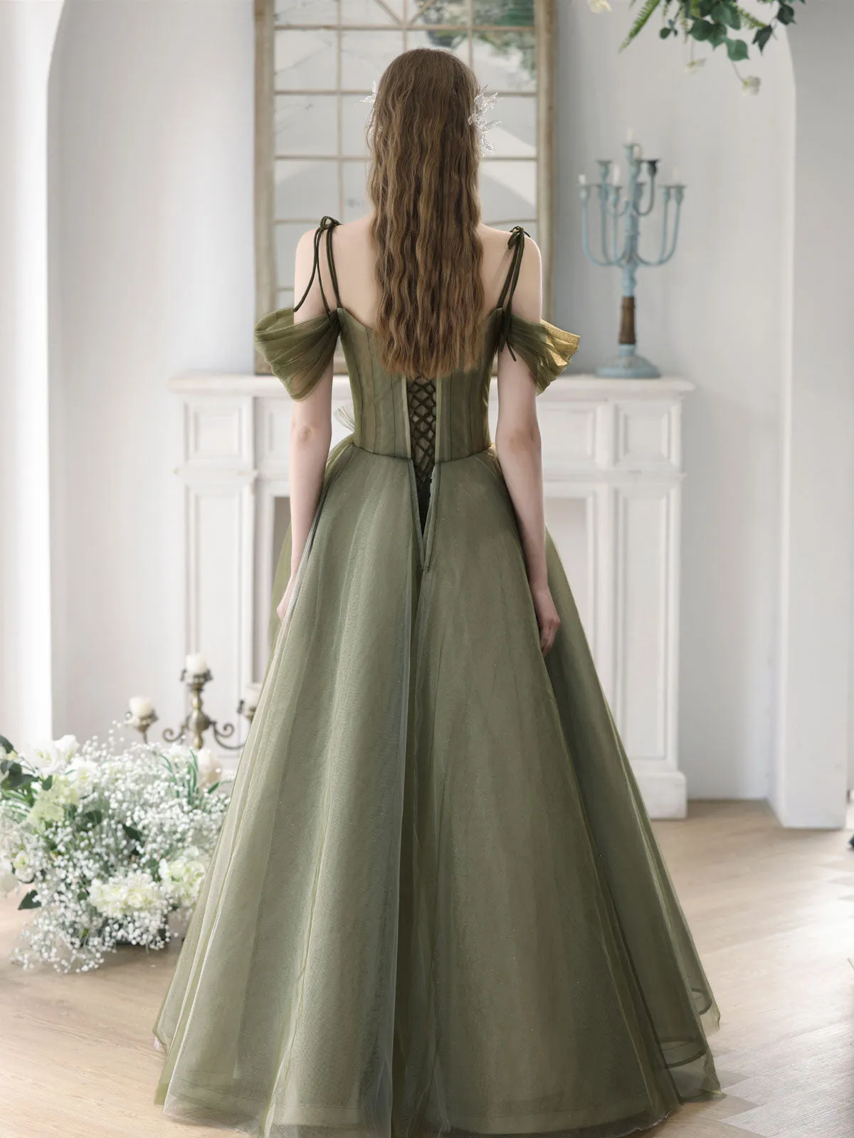 A-Line Off Shoulder Green Tulle Long Prom Dress, Green Formal Dresses