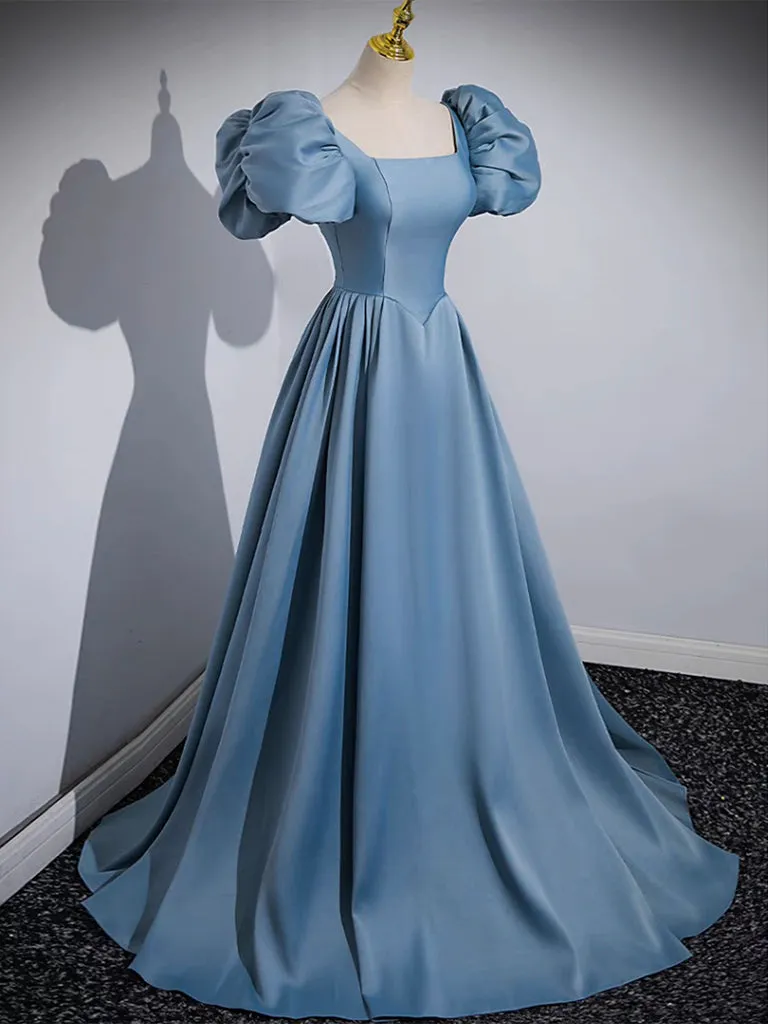 A-Line Puff Sleeves Satin Blue Long Prom Dress, Blue Long Formal Dress