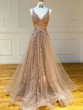 A Line V Neck Lace Champagne Long Prom Dresses, Champagne Lace Formal Graduation Evening Dresses