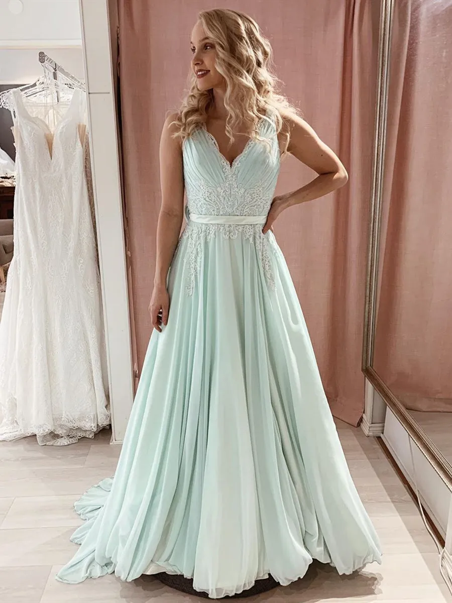 A Line V Neck Long Mint Green Lace Prom Dresses, Mint Green Lace Formal Graduation Evening Dresses