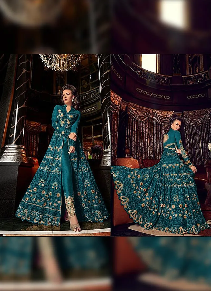 Adorable Turquoise Soft Net Base Slit Cut Designer Anarkali Suit