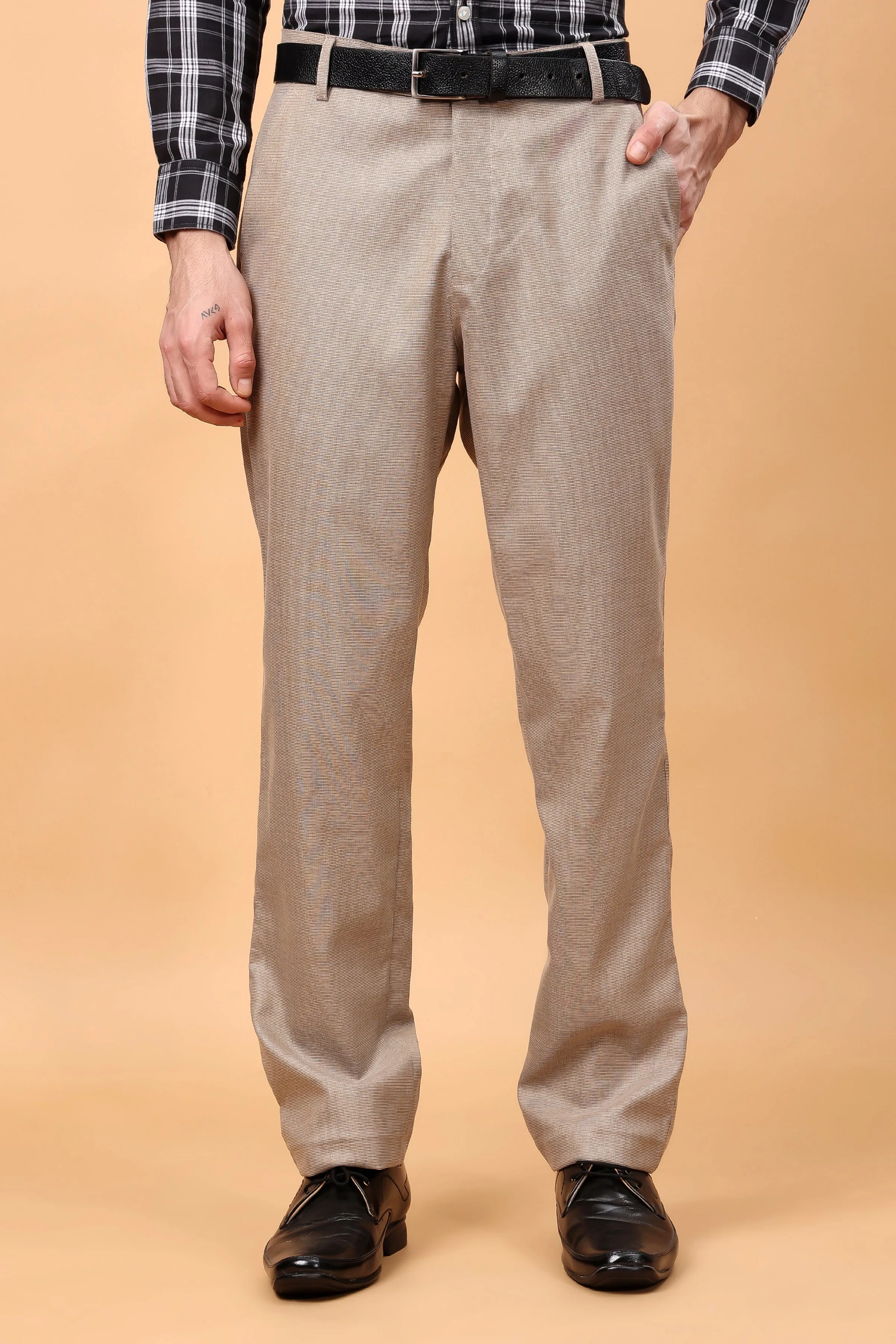 Almond Beige Textured Stretch Trousers