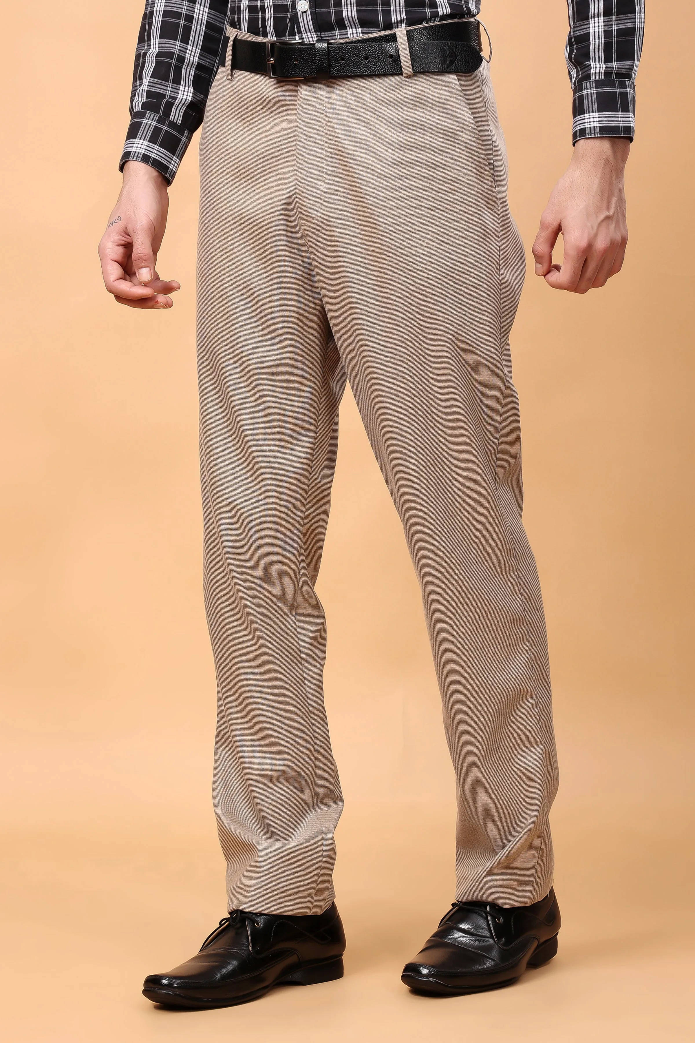 Almond Beige Textured Stretch Trousers