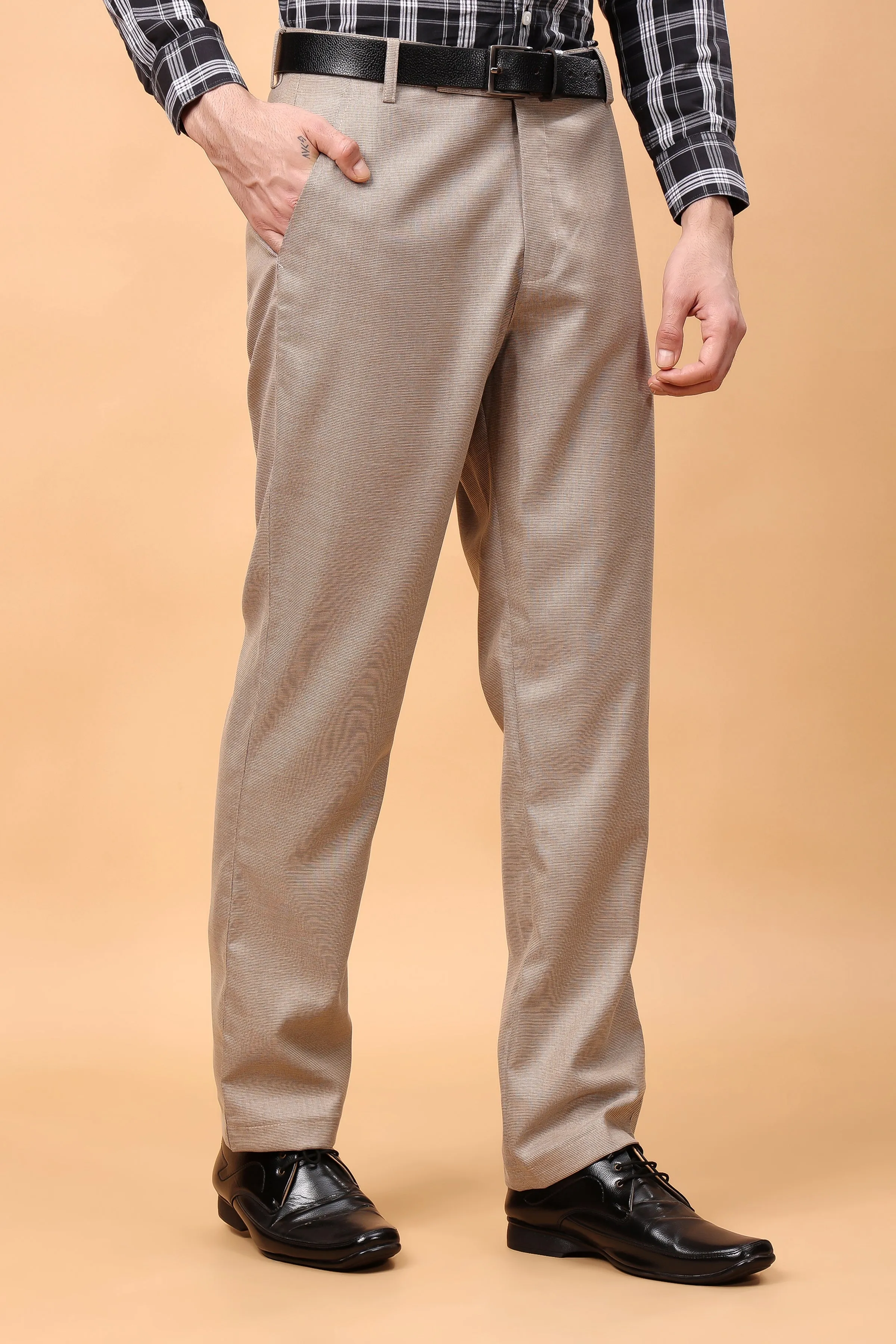 Almond Beige Textured Stretch Trousers