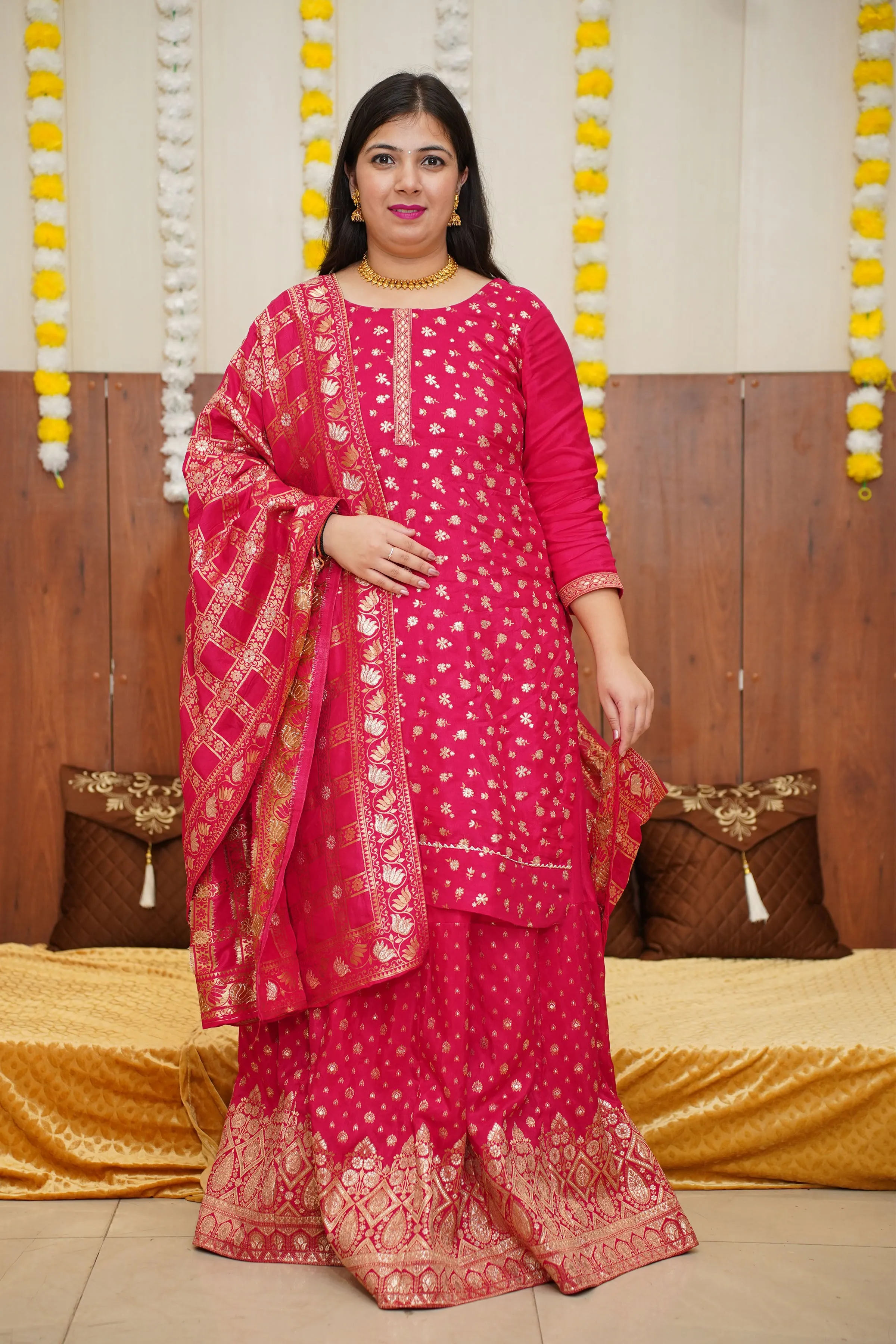 Amaranth Pink Jacquard Skirt Suit