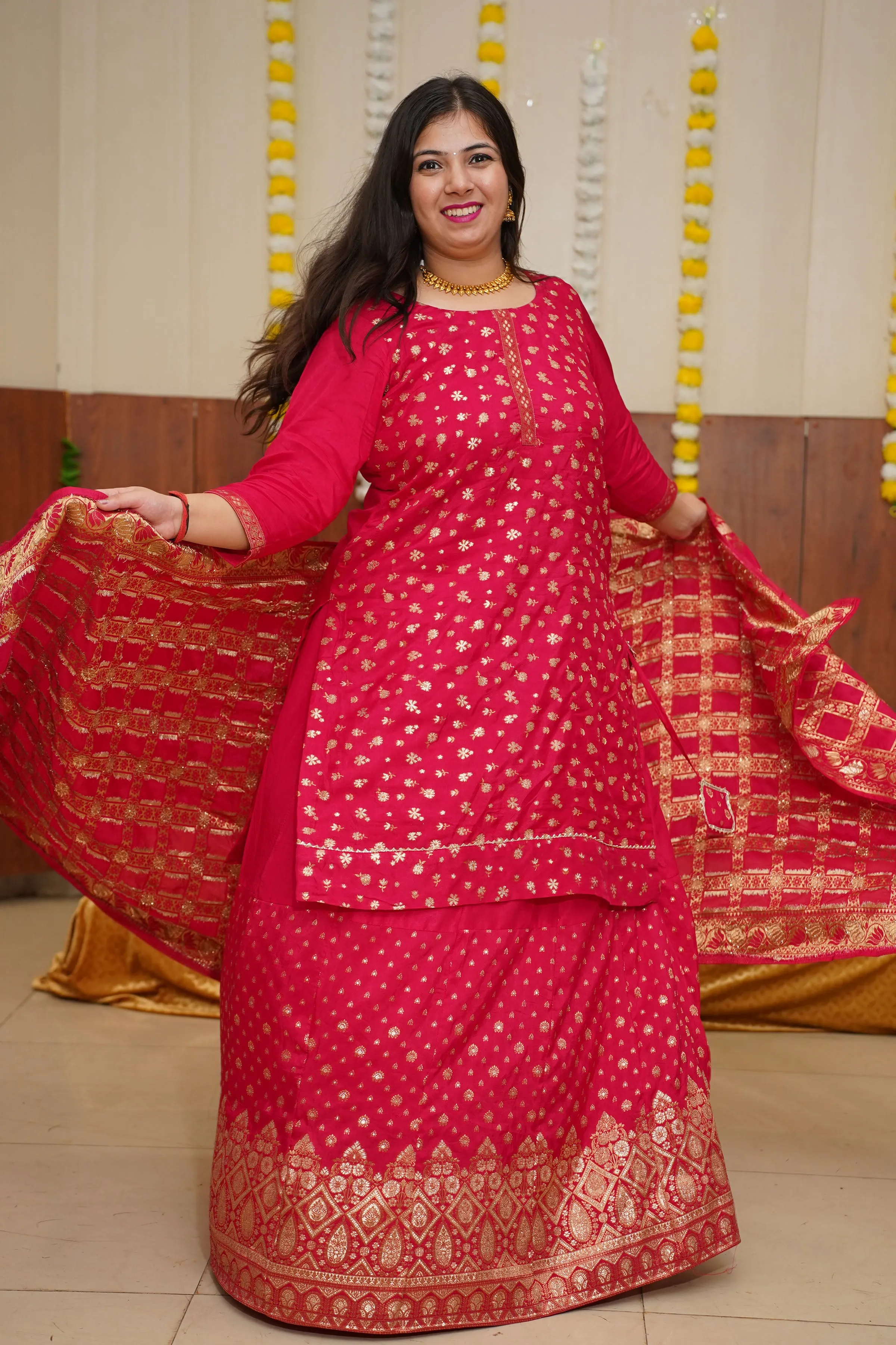 Amaranth Pink Jacquard Skirt Suit