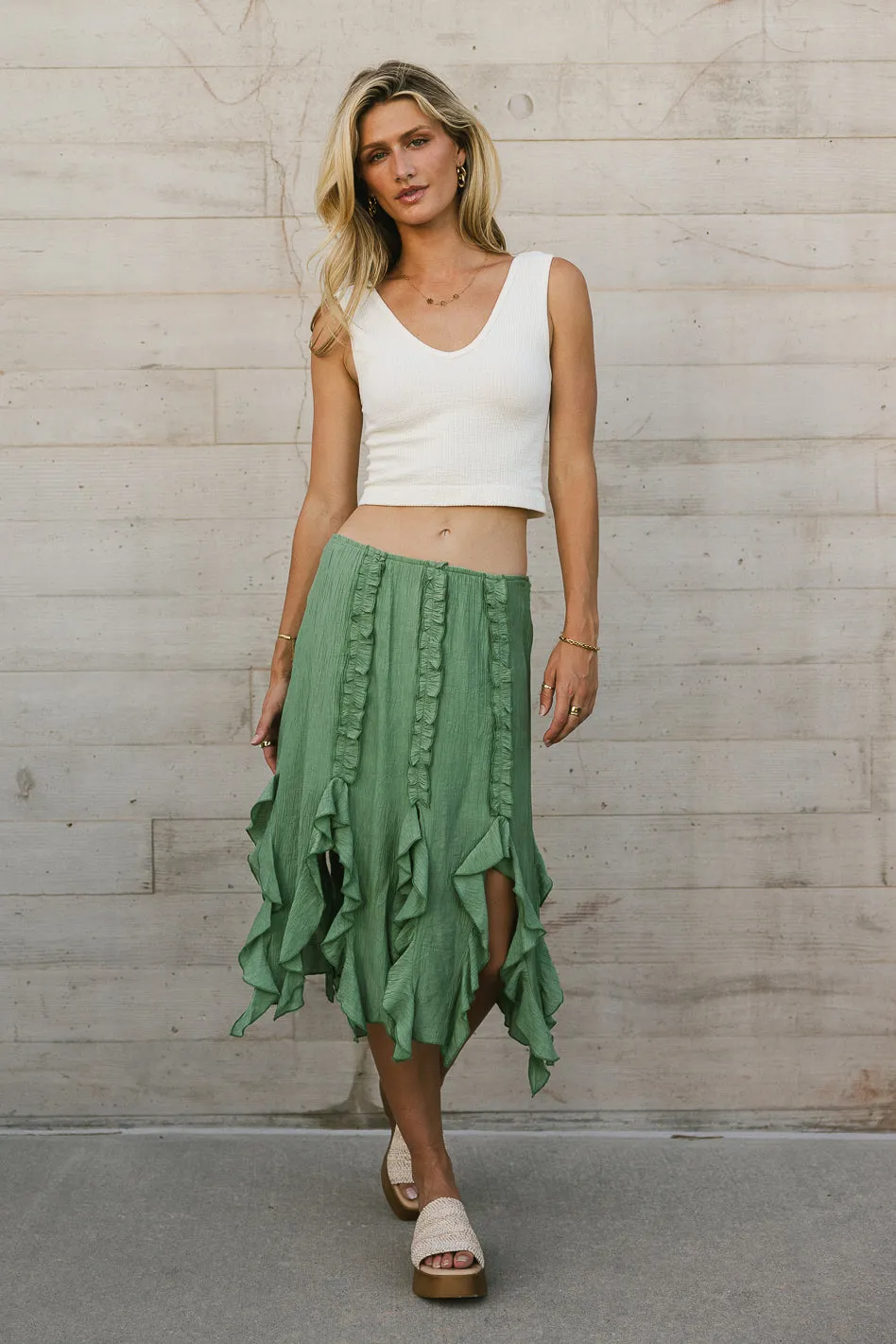 Arista Ruffled Midi Skirt in Sage