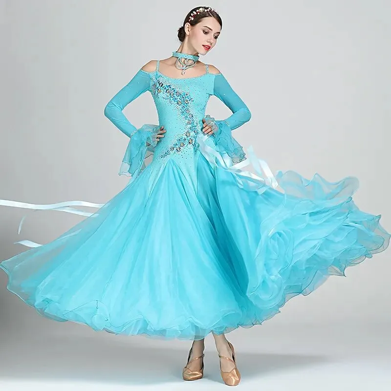 #B103 Stunning Off Shoulder Ribbon Ballroom Dance Dress- Ballroom Dance Competition Dress -Waltz Foxtrot -Rumba Dance Costumes