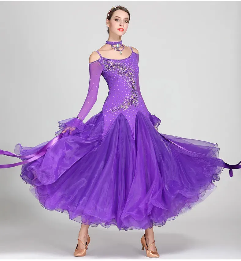 #B103 Stunning Off Shoulder Ribbon Ballroom Dance Dress- Ballroom Dance Competition Dress -Waltz Foxtrot -Rumba Dance Costumes