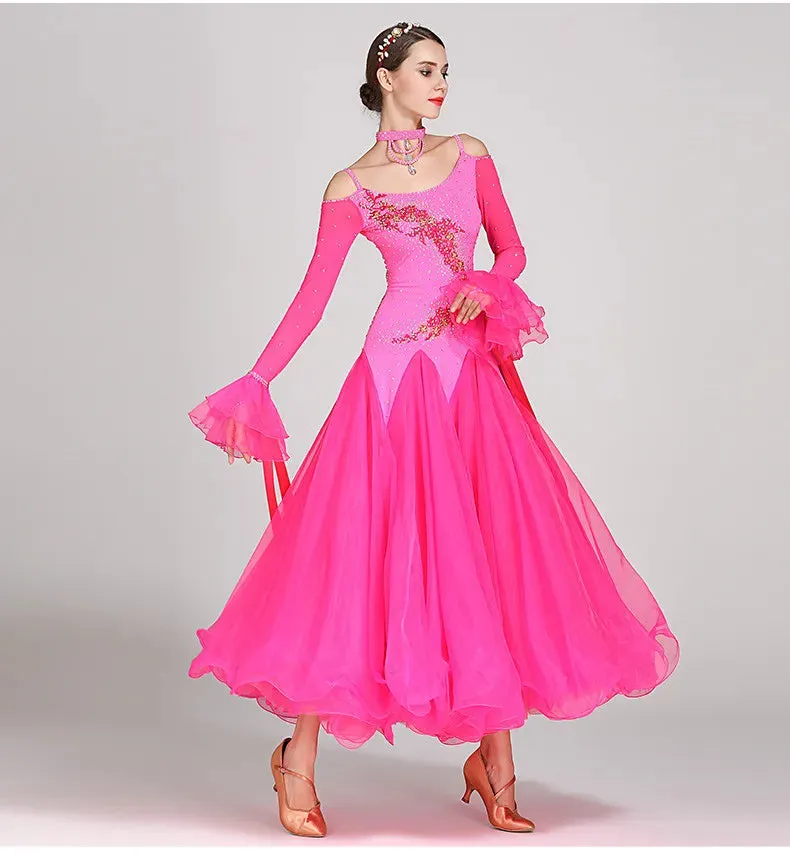 #B103 Stunning Off Shoulder Ribbon Ballroom Dance Dress- Ballroom Dance Competition Dress -Waltz Foxtrot -Rumba Dance Costumes