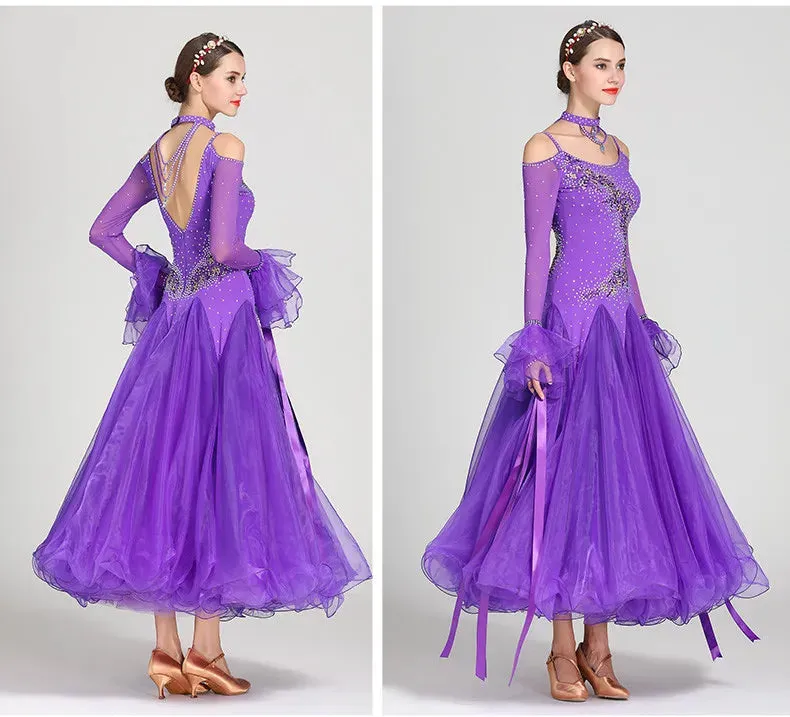 #B103 Stunning Off Shoulder Ribbon Ballroom Dance Dress- Ballroom Dance Competition Dress -Waltz Foxtrot -Rumba Dance Costumes