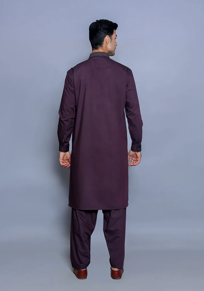 Basic Poly Viscose Maluki Seal Brown Classic Fit Embroidered Suit