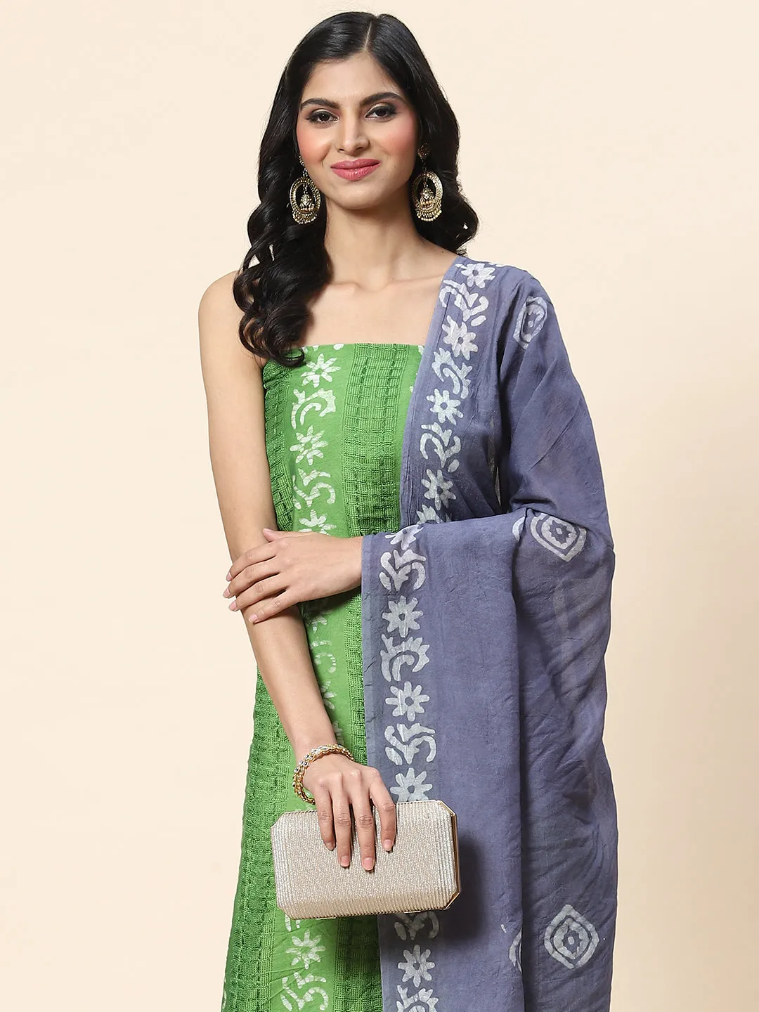 Batik Printed Chanderi Unstitched Suit Piece With Dupatta