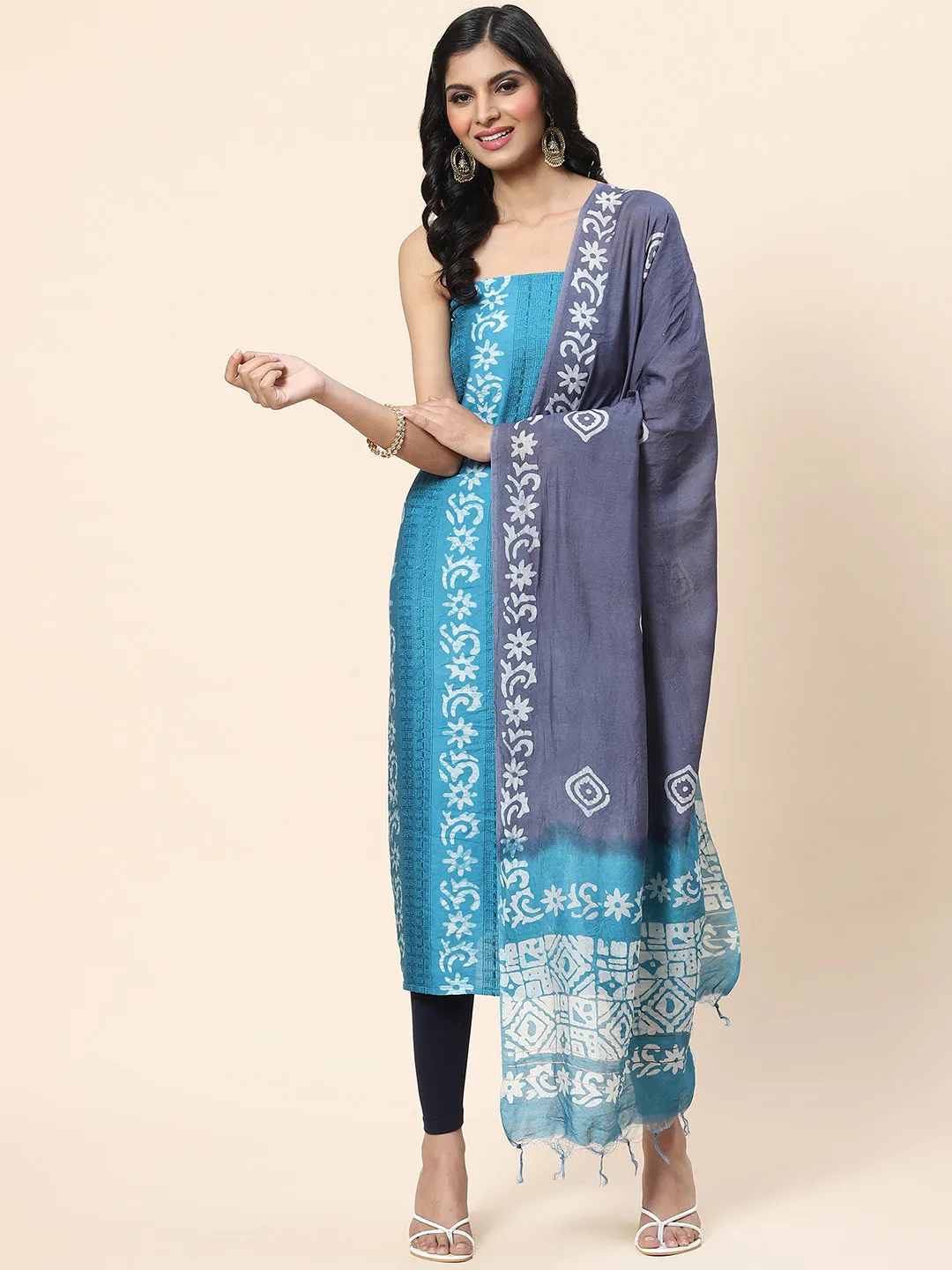 Batik Printed Chanderi Unstitched Suit Piece With Dupatta