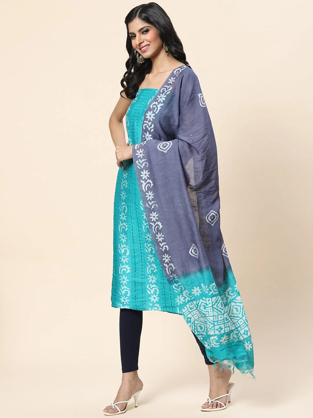 Batik Printed Chanderi Unstitched Suit Piece With Dupatta