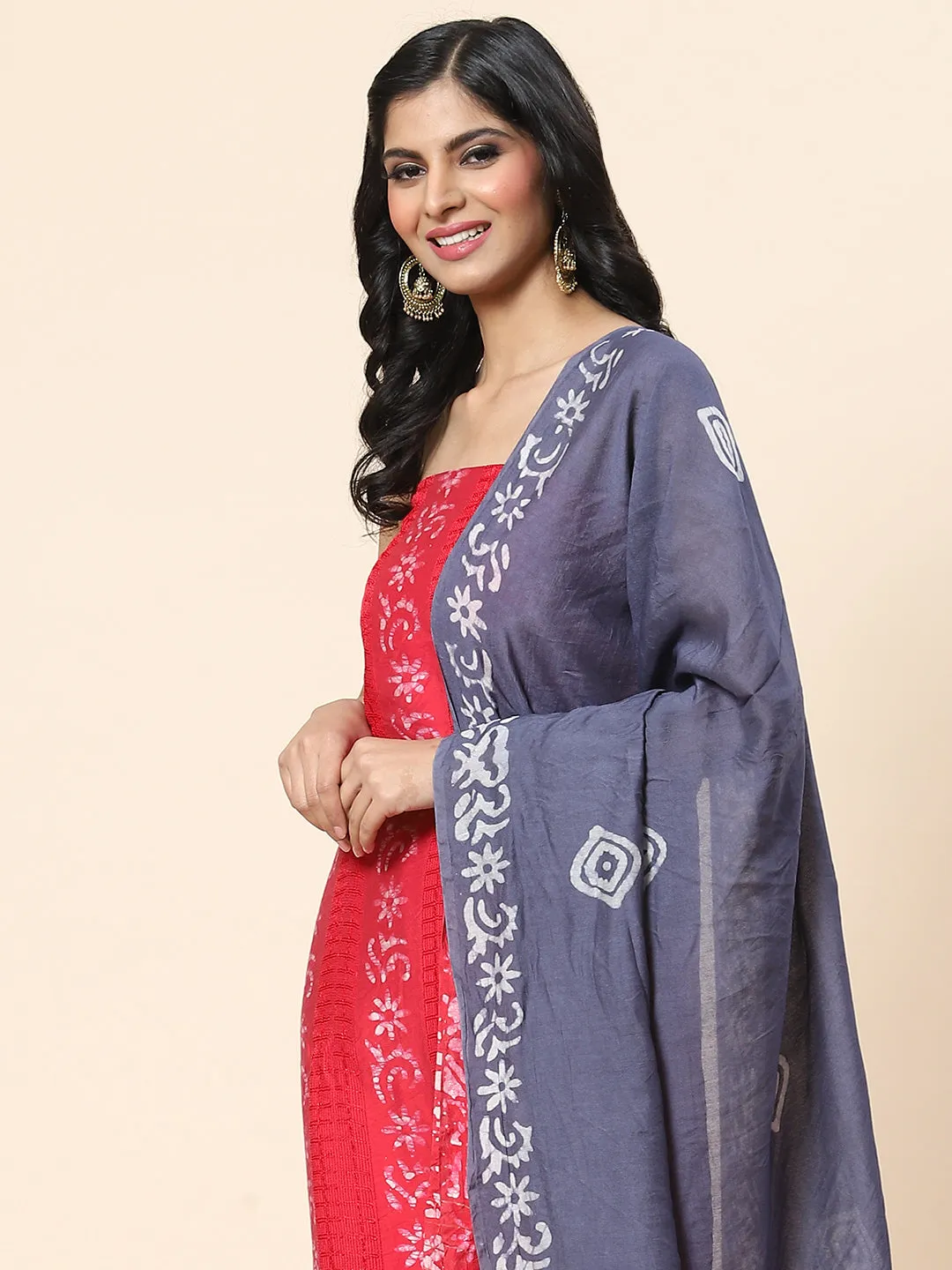 Batik Printed Chanderi Unstitched Suit Piece With Dupatta