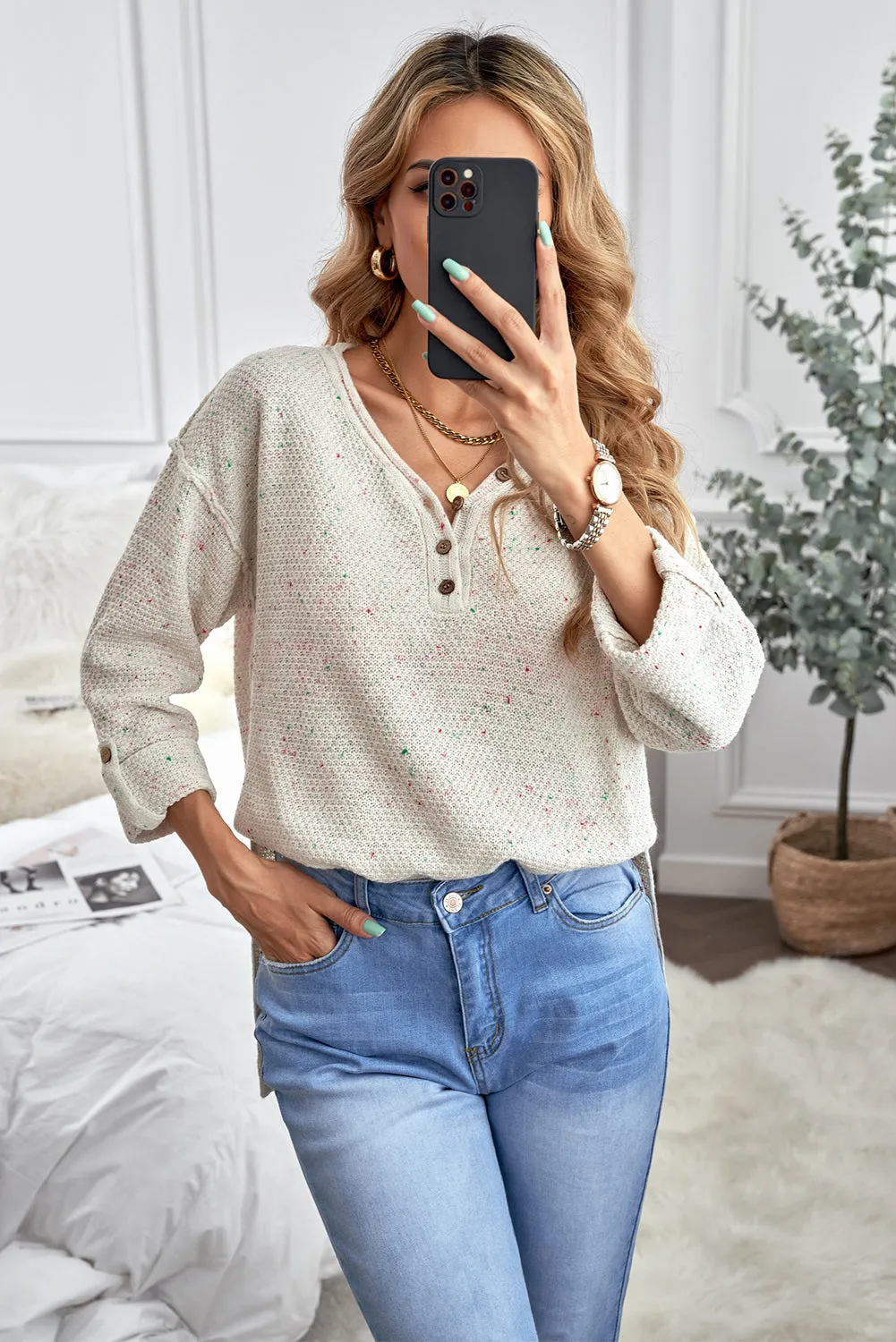 Beige Buttoned Drop Shoulder Knitted Sweater