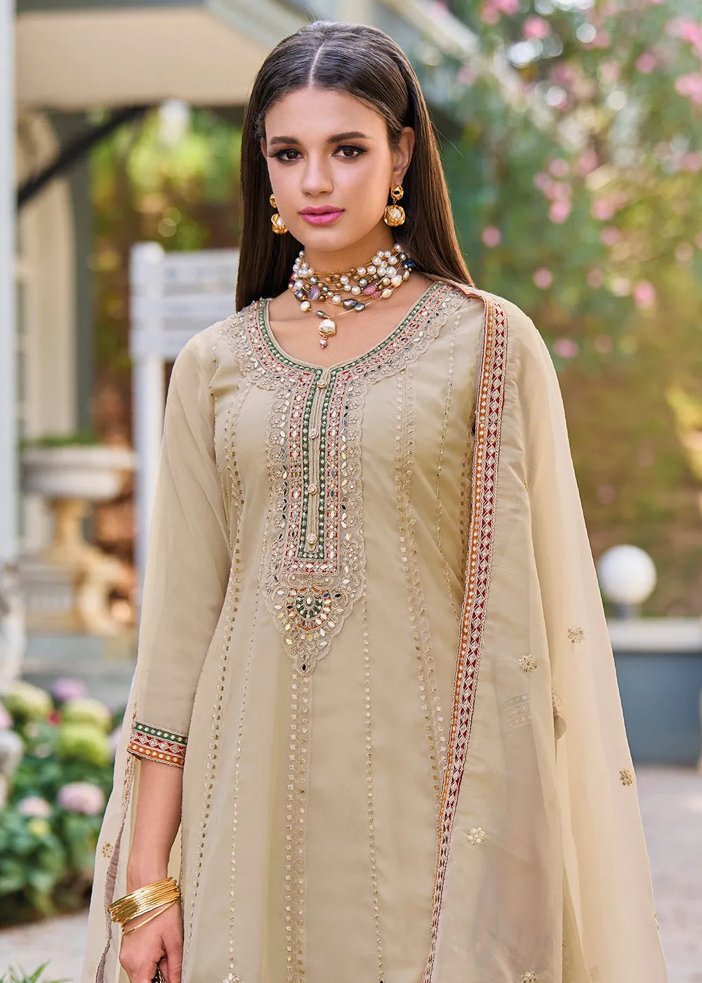 Beige Dhoti Style Embroidered Organza Punjabi Style Suit