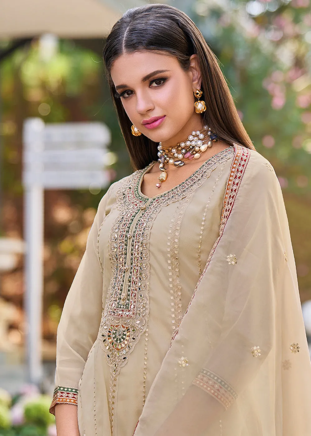 Beige Dhoti Style Embroidered Organza Punjabi Style Suit