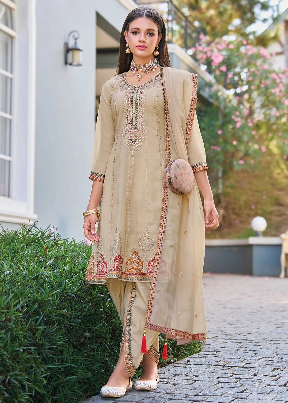 Beige Dhoti Style Embroidered Organza Punjabi Style Suit