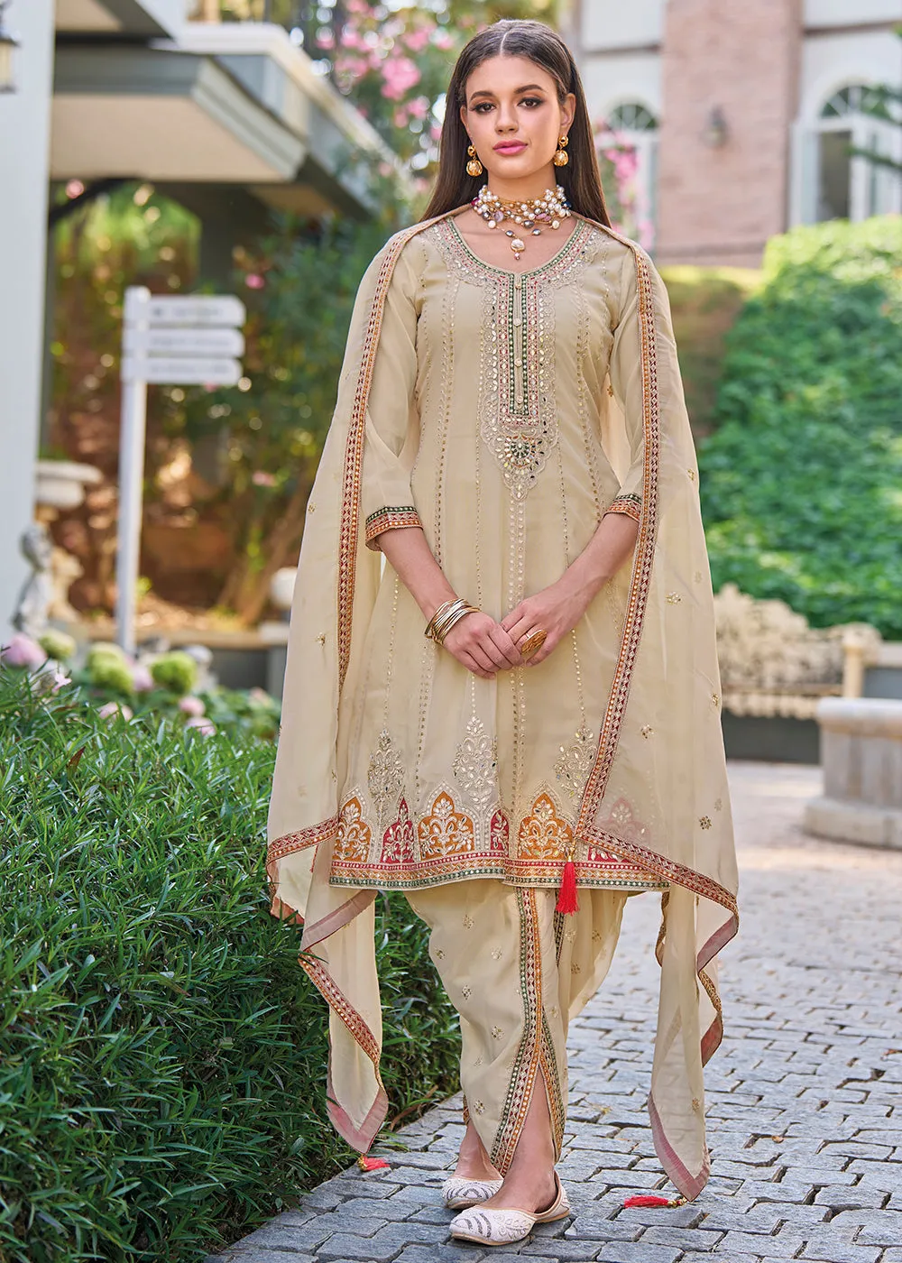 Beige Dhoti Style Embroidered Organza Punjabi Style Suit