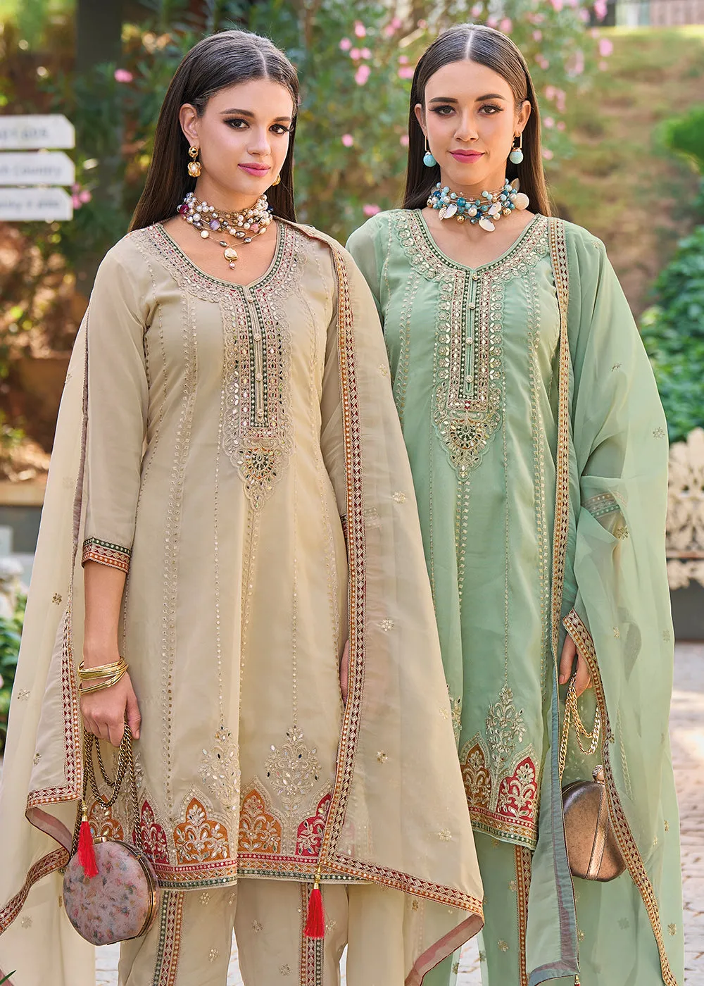 Beige Dhoti Style Embroidered Organza Punjabi Style Suit