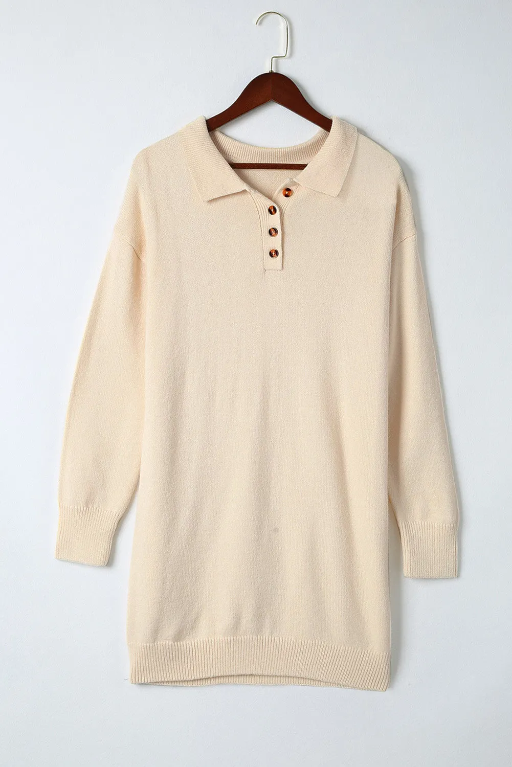 Beige Polo Collar Knitted Mini Sweater Dress