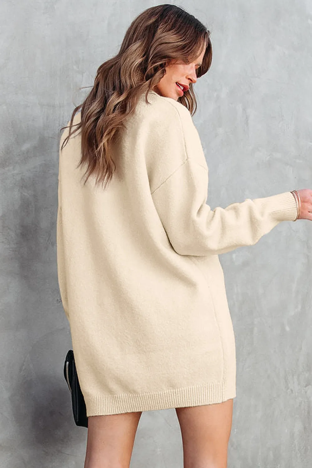 Beige Polo Collar Knitted Mini Sweater Dress