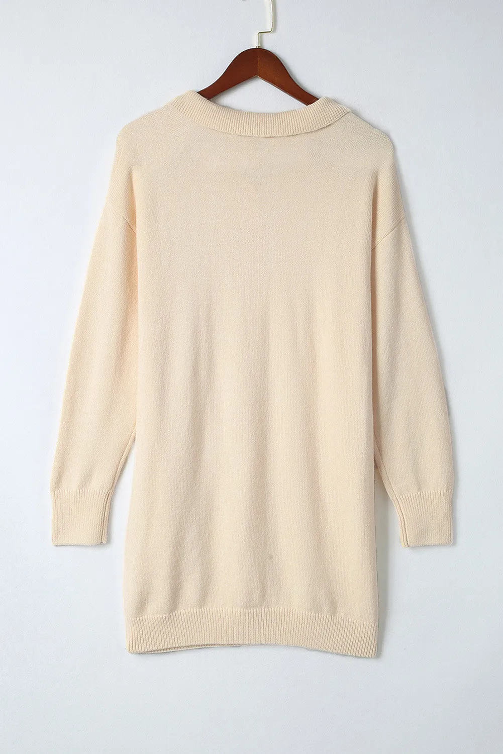 Beige Polo Collar Knitted Mini Sweater Dress