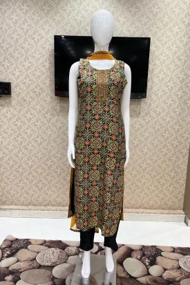 Black Beads, Sequins, Thread and Zari work with Patola Print Straight Cut Salwar Suit