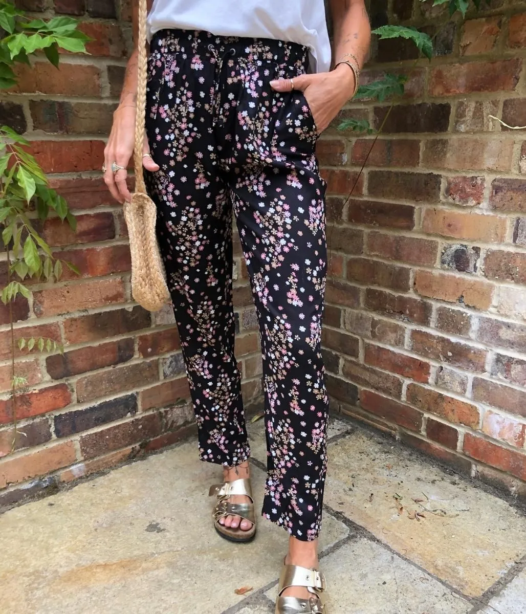 Black Flower Print Linen Blend Trousers