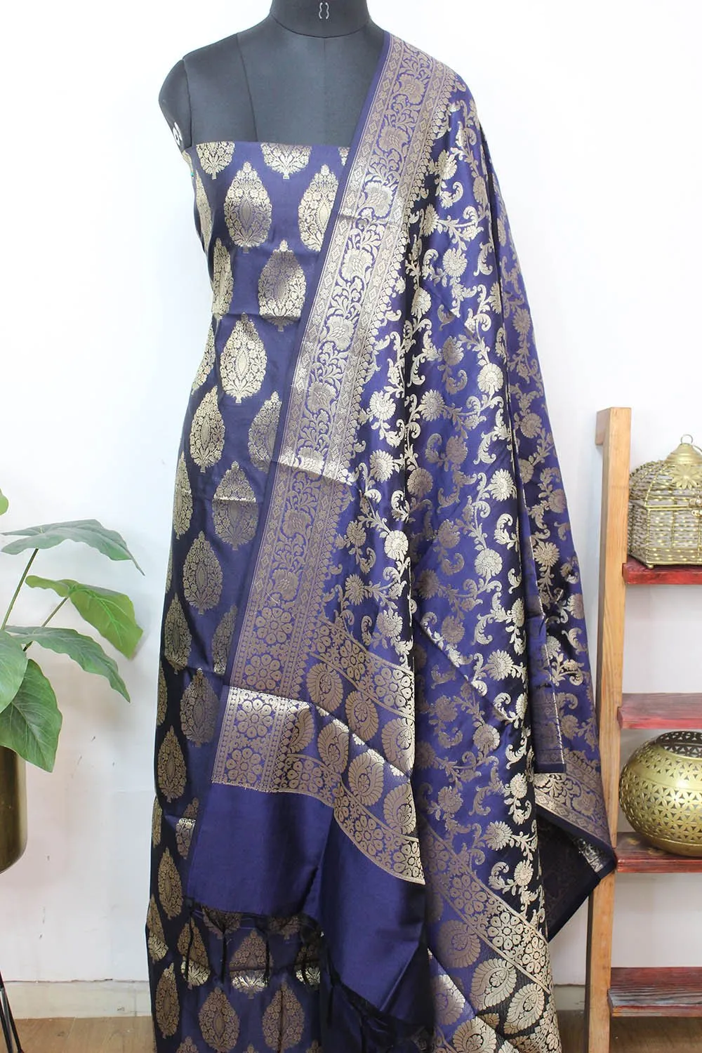 Blue Banarasi Cotton Silk Three Piece Unstitched Suit Set