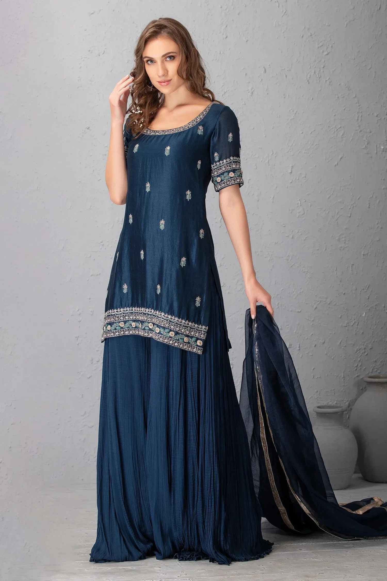 Blue Silk Sharara Set