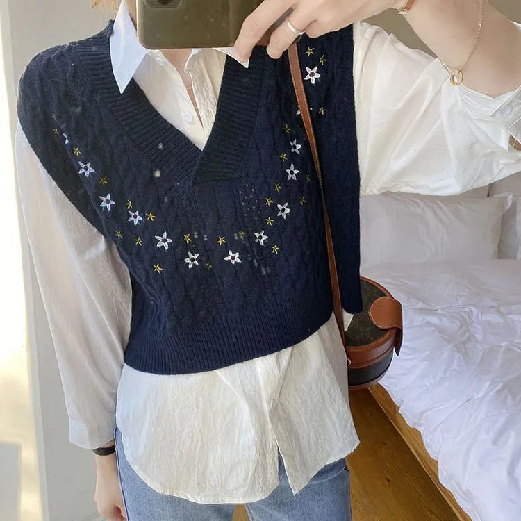 Boho French Flower Embroidery Cable Braided Knitted Vest Sweater