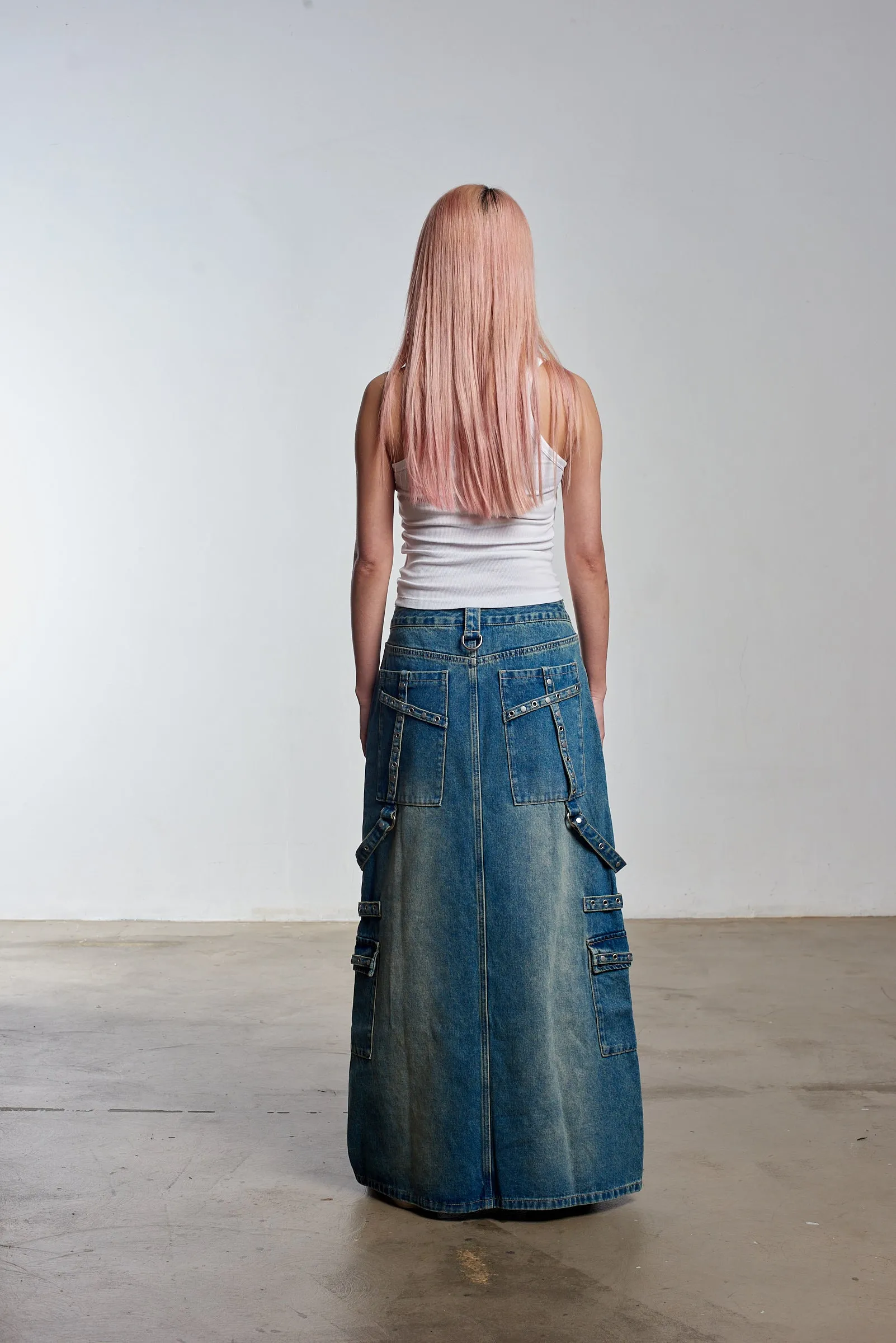 Bondage Denim Midi Skirt Blue