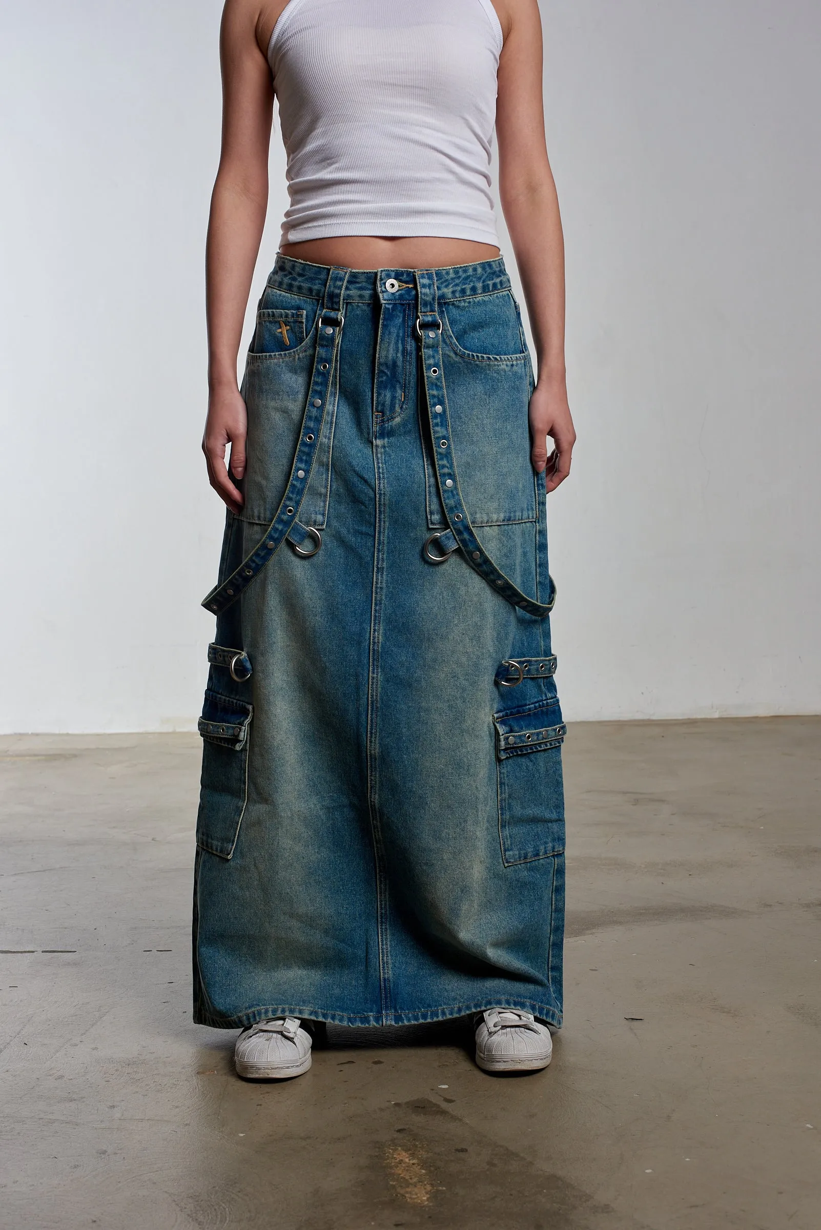 Bondage Denim Midi Skirt Blue