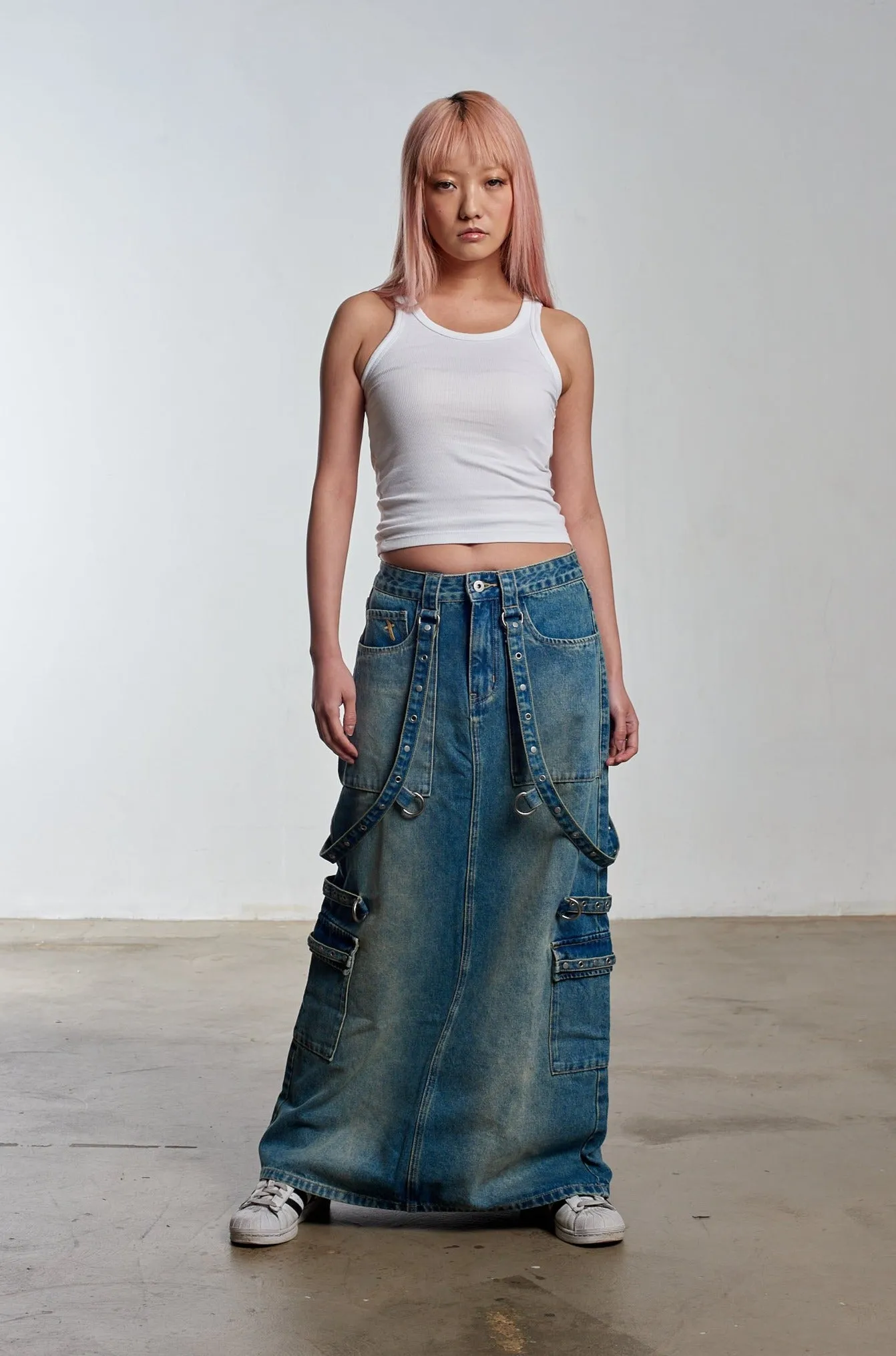 Bondage Denim Midi Skirt Blue