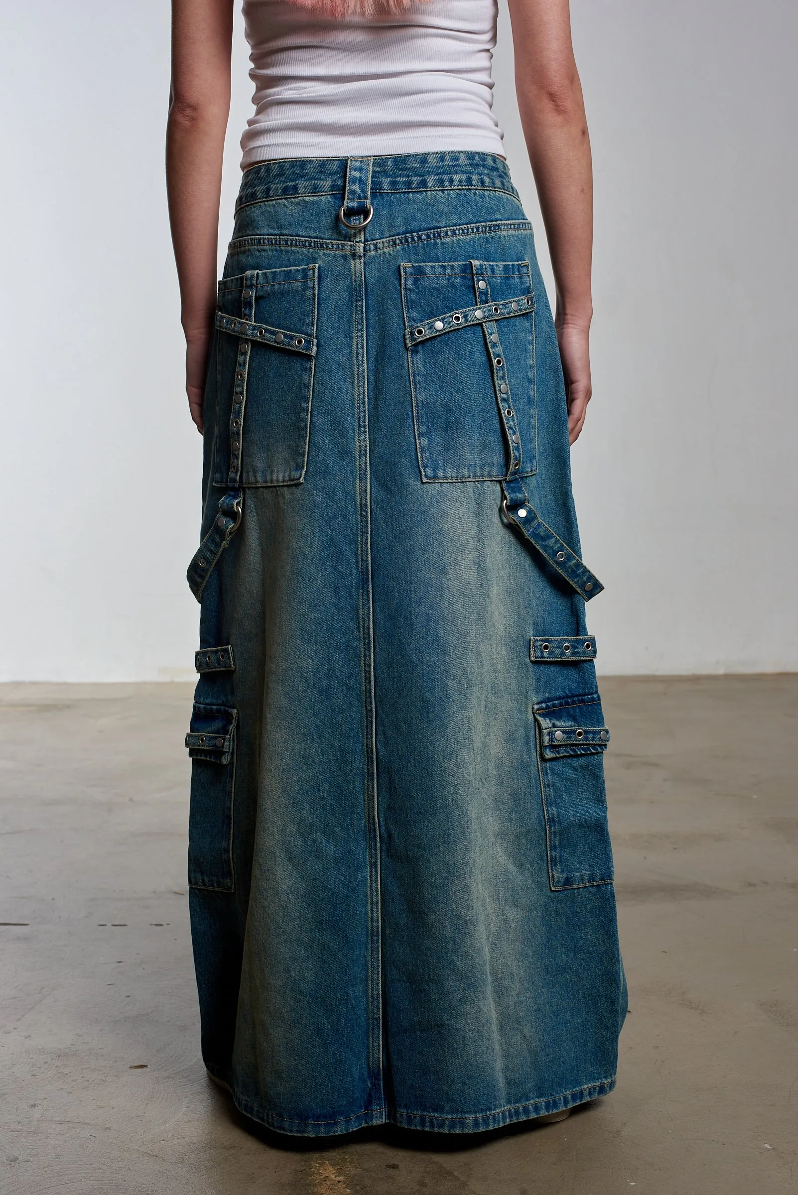 Bondage Denim Midi Skirt Blue