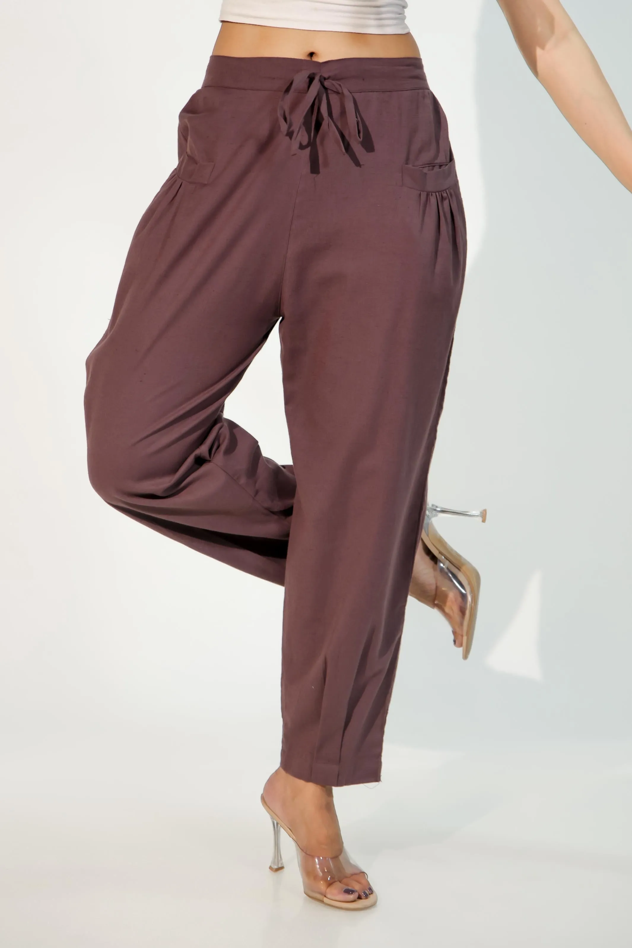 Burgundy Women's Pleated-Narrow Trousers