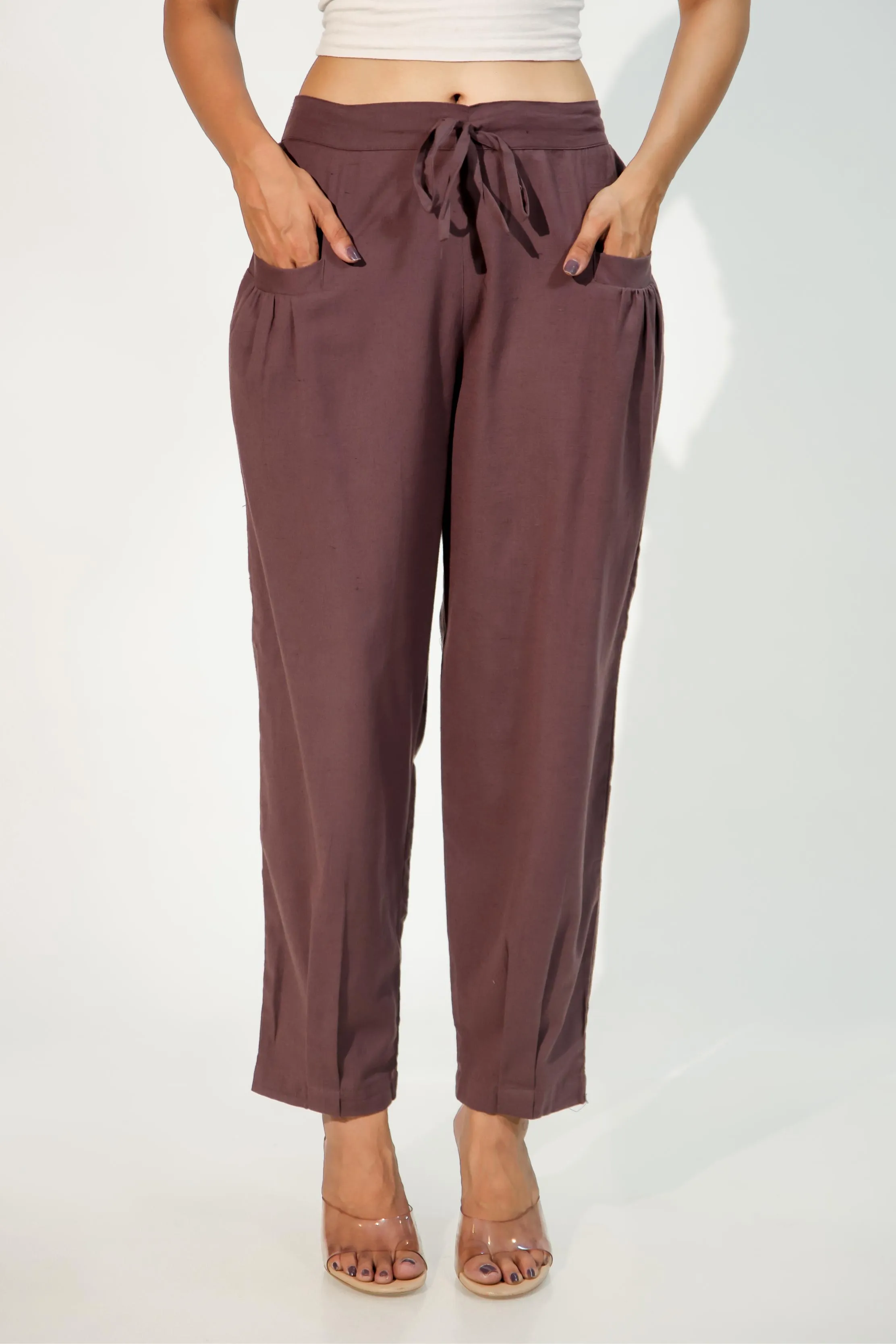 Burgundy Women's Pleated-Narrow Trousers